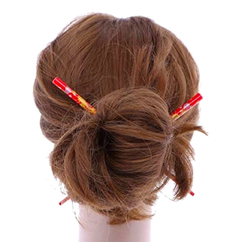 Set of Red Wooden Hair Sticks With Dragon